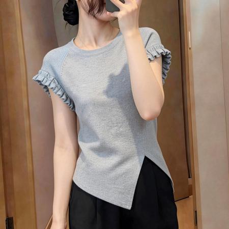 BY13930# 欧货高级感短袖T恤女夏季新款时尚减龄气质不规则开叉灰色上衣  服裝批發女裝批發服飾貨源