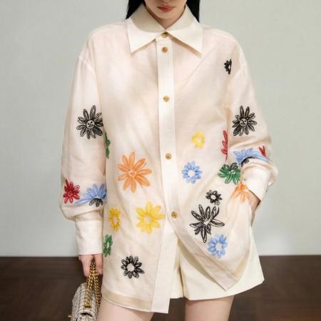 BY13931# 早春新款漂亮彩色小花刺绣衬衫上衣女春季新款长袖衬衣  服裝批發女裝批發服飾貨源