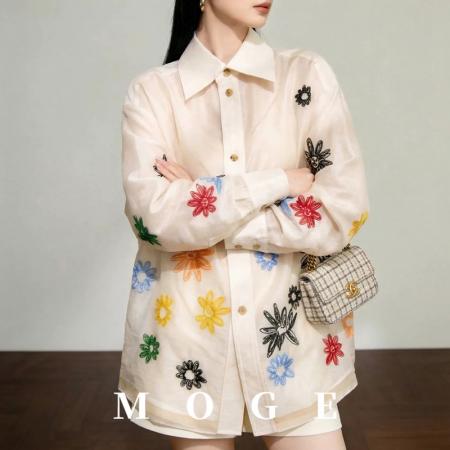 BY13931# 早春新款漂亮彩色小花刺绣衬衫上衣女春季新款长袖衬衣  服裝批發女裝批發服飾貨源