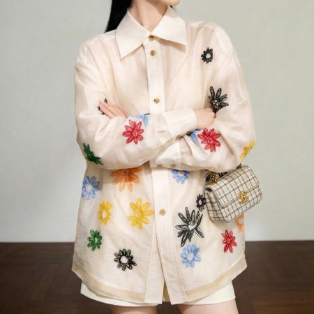 BY13931# 早春新款漂亮彩色小花刺绣衬衫上衣女春季新款长袖衬衣  服裝批發女裝批發服飾貨源