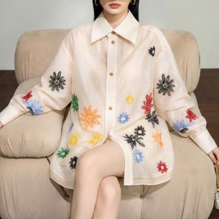 BY13931# 早春新款漂亮彩色小花刺绣衬衫上衣女春季新款长袖衬衣  服裝批發女裝批發服飾貨源