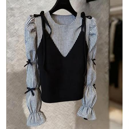 BY13932# 超火穿搭一整套小众设计感黑色吊带叠穿格纹衬衫两件套女春季  服裝批發女裝批發服飾貨源