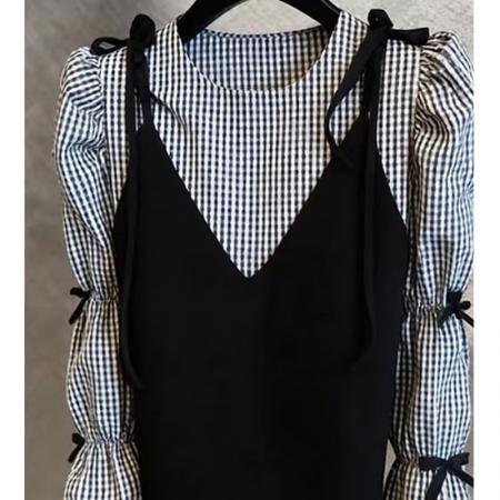 BY13932# 超火穿搭一整套小众设计感黑色吊带叠穿格纹衬衫两件套女春季  服裝批發女裝批發服飾貨源