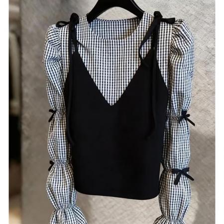 BY13932# 超火穿搭一整套小众设计感黑色吊带叠穿格纹衬衫两件套女春季  服裝批發女裝批發服飾貨源