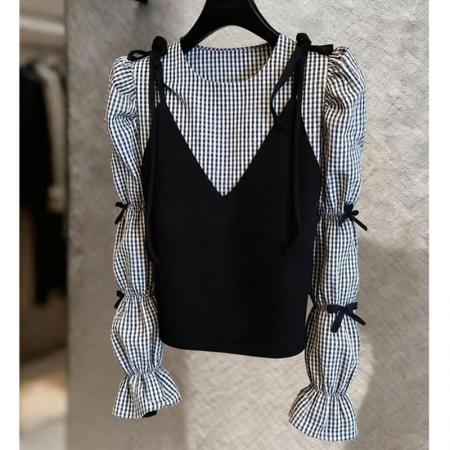 BY13932# 超火穿搭一整套小众设计感黑色吊带叠穿格纹衬衫两件套女春季  服裝批發女裝批發服飾貨源