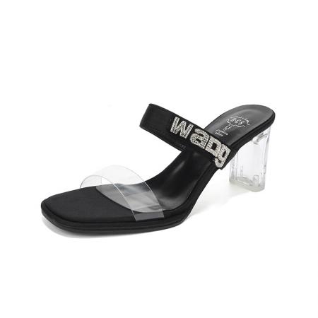 X-33071# 凉鞋女夏季新款一字带透明高跟鞋女仙女风字母水钻水晶跟拖鞋 鞋子批发女鞋批发凉鞋货源