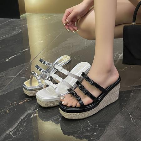 X-33072# 坡跟拖鞋女外穿新款增高蝴蝶结超火银拖法式松糕底罗马凉拖鞋 鞋子批发女鞋批发凉鞋货源