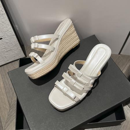 X-33072# 坡跟拖鞋女外穿新款增高蝴蝶结超火银拖法式松糕底罗马凉拖鞋 鞋子批发女鞋批发凉鞋货源