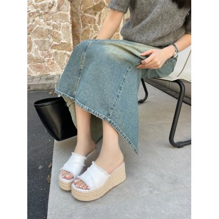 X-33073# 牛仔布拖鞋女新款夏季外穿日系感高跟草编坡跟拖鞋一字型 鞋子批发女鞋批发凉鞋货源