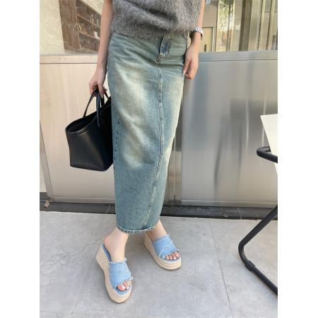 X-33073# 牛仔布拖鞋女新款夏季外穿日系感高跟草编坡跟拖鞋一字型 鞋子批发女鞋批发凉鞋货源