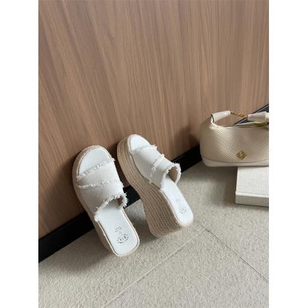 X-33073# 牛仔布拖鞋女新款夏季外穿日系感高跟草编坡跟拖鞋一字型 鞋子批发女鞋批发凉鞋货源