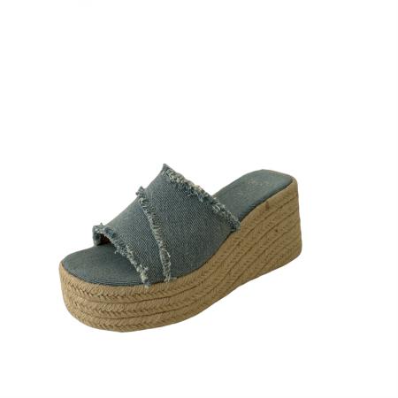 X-33073# 牛仔布拖鞋女新款夏季外穿日系感高跟草编坡跟拖鞋一字型 鞋子批发女鞋批发凉鞋货源