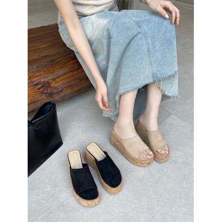 X-33074# 厚底坡跟凉拖鞋女松糕木纹底拖鞋一字拖鞋高跟露趾女凉鞋 鞋子批发女鞋批发凉鞋货源