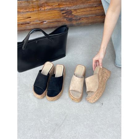 X-33074# 厚底坡跟凉拖鞋女松糕木纹底拖鞋一字拖鞋高跟露趾女凉鞋 鞋子批发女鞋批发凉鞋货源