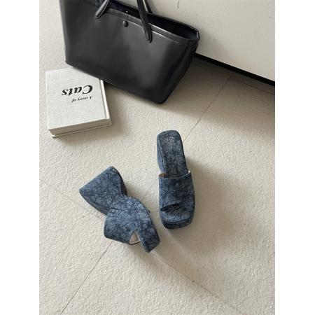 X-33075# 欧洲站夏新款松糕厚底牛仔拖鞋露趾一字拖女外穿露趾凉拖鞋潮 鞋子批发女鞋批发凉鞋货源