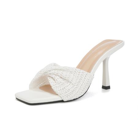 X-33076# 新款小众设计编织方头露趾凉拖鞋马蹄跟绝美外穿凉鞋通勤高跟鞋女 鞋子批发女鞋批发凉鞋货源