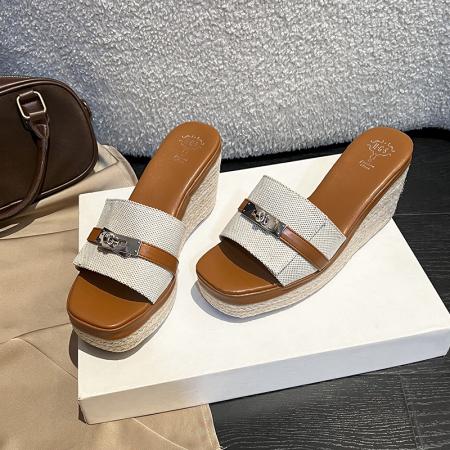 X-33077# 牛仔布经典方头锁扣一字厚底高跟度假沙滩拖鞋女凉拖外穿 鞋子批发女鞋批发凉鞋货源