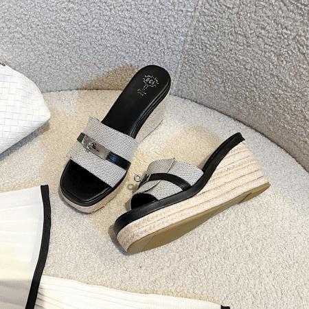 X-33077# 牛仔布经典方头锁扣一字厚底高跟度假沙滩拖鞋女凉拖外穿 鞋子批发女鞋批发凉鞋货源