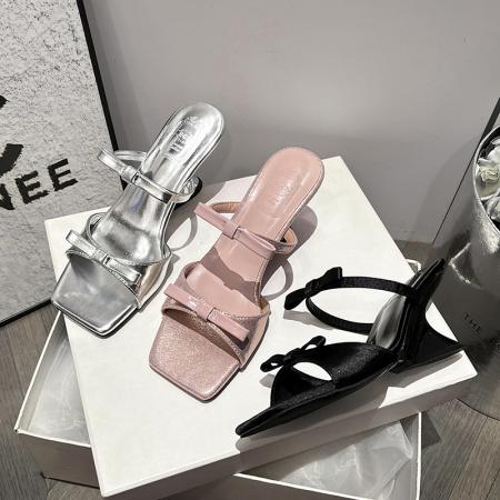 X-33082# 法式银色蝴蝶结坡跟凉拖鞋女夏外穿一字带凉鞋中跟高跟鞋罗马女鞋 鞋子批发女鞋批发凉鞋货源