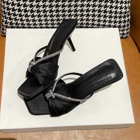 X-33083# 豹纹绸缎水钻一字带凉鞋女夏季新款蝴蝶结露趾外穿高跟凉拖鞋 鞋子批发女鞋批发凉鞋货源