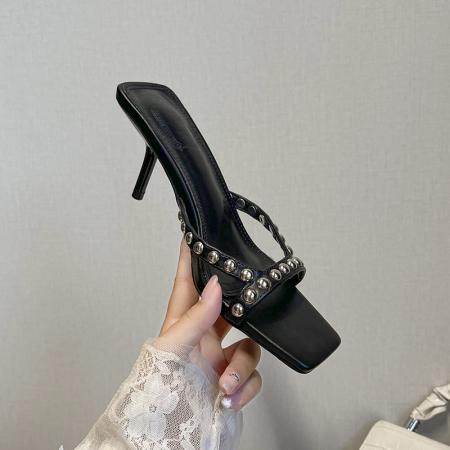 X-33084# 性感铆钉一字拖女夏季外穿皮带扣牛仔蓝柳钉方头细跟凉拖鞋 鞋子批发女鞋批发凉鞋货源