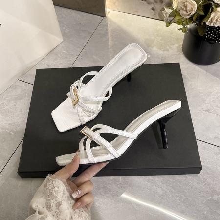 X-33085# 羊皮版法式细跟方头露趾凉拖鞋女外穿配裙子后空绝美细带高跟鞋 鞋子批发女鞋批发凉鞋货源