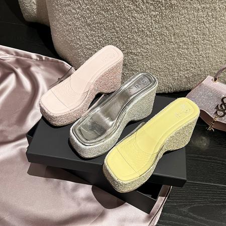 X-33086# 夏季新款坡跟外穿凉拖鞋女小个子厚底亮片增高时尚高跟鞋子潮 鞋子批发女鞋批发凉鞋货源