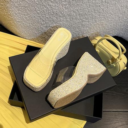 X-33086# 夏季新款坡跟外穿凉拖鞋女小个子厚底亮片增高时尚高跟鞋子潮 鞋子批发女鞋批发凉鞋货源