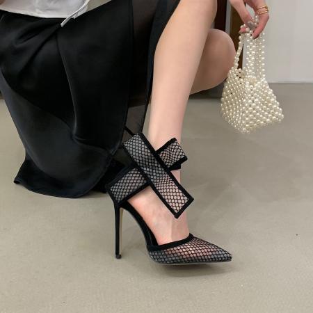 X-33089# 个性大花子装饰女士尖头中空波点网面细高跟超高跟鞋有42码 鞋子批发女鞋批发凉鞋货源
