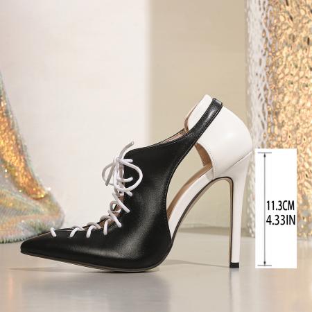 X-33091# 拼色设计女士尖头细高跟镂空绑带超高跟鞋 鞋子批发女鞋批发凉鞋货源