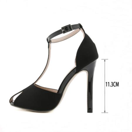 X-33093# 女士优雅T型带PU拼绒面细高跟超高跟凉鞋 鞋子批发女鞋批发凉鞋货源