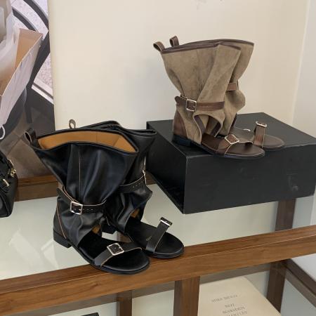 X-33096# 弛风小众复古风做旧擦色扣带堆堆靴女春夏低跟露趾西部凉靴 鞋子批发女鞋批发凉鞋货源