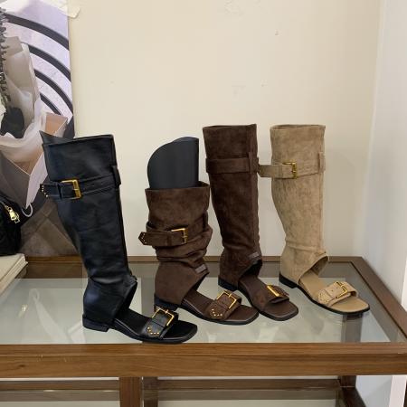 X-33097# 新款时尚百搭时装靴女不过膝长靴高筒靴堆堆靴镂空露趾凉鞋靴 鞋子批发女鞋批发凉鞋货源