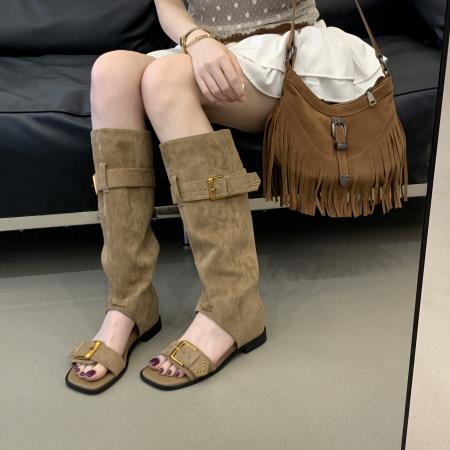 X-33097# 新款时尚百搭时装靴女不过膝长靴高筒靴堆堆靴镂空露趾凉鞋靴 鞋子批发女鞋批发凉鞋货源