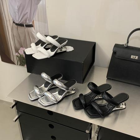 X-33099# 异形跟银色方头一字凉拖鞋女夏季外穿凉鞋踩屎感法式粗跟高跟拖鞋 鞋子批发女鞋批发凉鞋货源