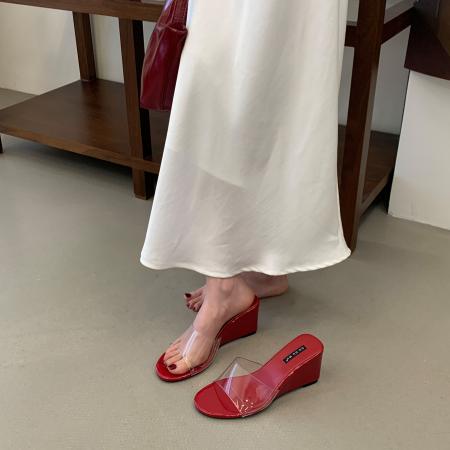 X-33100# 透明凉拖时尚坡跟拖鞋女新款外穿度假装海边半拖鞋高跟鞋 鞋子批发女鞋批发凉鞋货源