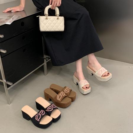 X-33104# 韩式一字拖女夏季新款粗跟厚底增高露趾小个子凉拖鞋 鞋子批发女鞋批发凉鞋货源