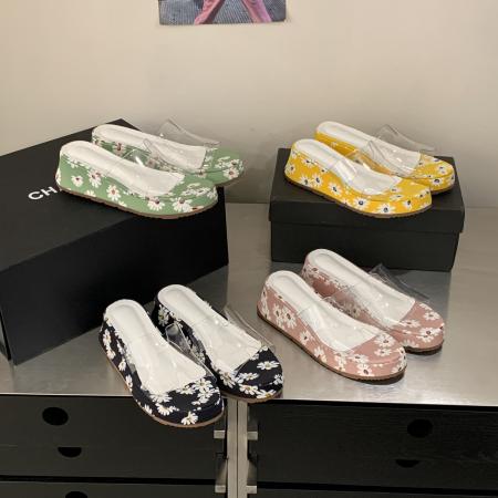 X-33106# 韩式碎花坡跟一字拖女夏季新款增高厚底露趾透明凉拖鞋外穿 鞋子批发女鞋批发凉鞋货源