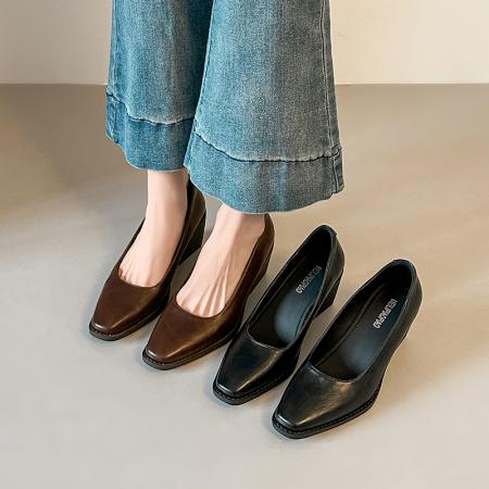 X-33119#小方头浅口单鞋女粗跟中跟鞋黑色通勤静音底体制内上班鞋 鞋子批发女鞋批发凉鞋货源