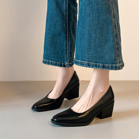 X-33119#小方头浅口单鞋女粗跟中跟鞋黑色通勤静音底体制内上班鞋 鞋子批发女鞋批发凉鞋货源