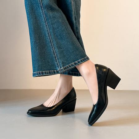 X-33119#小方头浅口单鞋女粗跟中跟鞋黑色通勤静音底体制内上班鞋 鞋子批发女鞋批发凉鞋货源