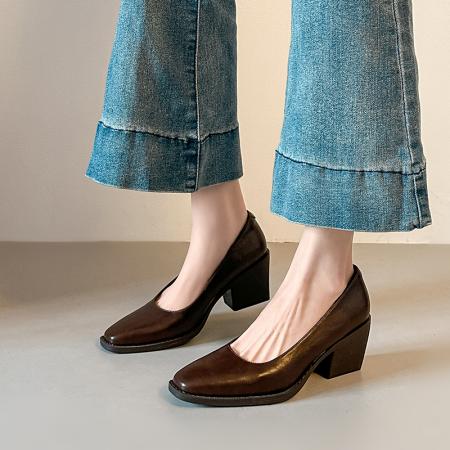X-33119#小方头浅口单鞋女粗跟中跟鞋黑色通勤静音底体制内上班鞋 鞋子批发女鞋批发凉鞋货源