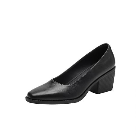 X-33119#小方头浅口单鞋女粗跟中跟鞋黑色通勤静音底体制内上班鞋 鞋子批发女鞋批发凉鞋货源