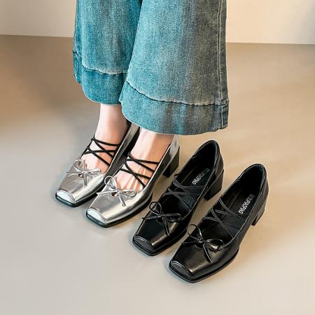 X-33120#小皮法式绝美蝴蝶结方头玛丽珍复古交叉带气质浅口单鞋子女中粗跟 鞋子批发女鞋批发凉鞋货源