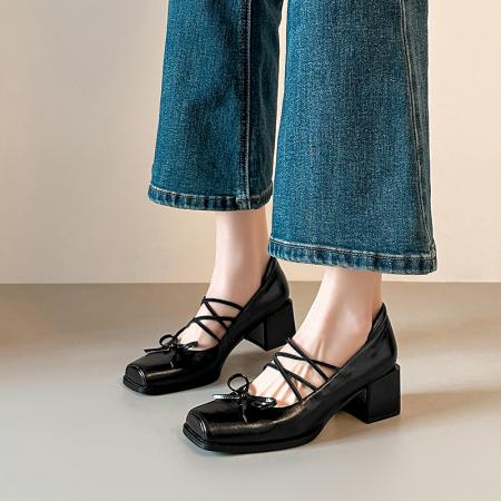 X-33120#小皮法式绝美蝴蝶结方头玛丽珍复古交叉带气质浅口单鞋子女中粗跟 鞋子批发女鞋批发凉鞋货源