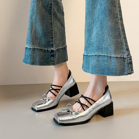 X-33120#小皮法式绝美蝴蝶结方头玛丽珍复古交叉带气质浅口单鞋子女中粗跟 鞋子批发女鞋批发凉鞋货源