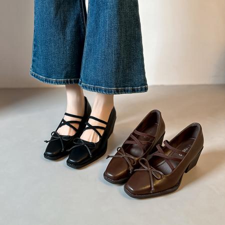 X-33122#桃喜法式绝美蝴蝶结复古玛丽珍浅口小皮方头单鞋女士中粗跟不累脚 鞋子批发女鞋批发凉鞋货源