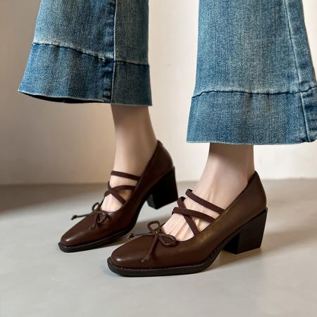 X-33122#桃喜法式绝美蝴蝶结复古玛丽珍浅口小皮方头单鞋女士中粗跟不累脚 鞋子批发女鞋批发凉鞋货源