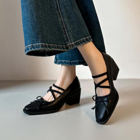 X-33122#桃喜法式绝美蝴蝶结复古玛丽珍浅口小皮方头单鞋女士中粗跟不累脚 鞋子批发女鞋批发凉鞋货源