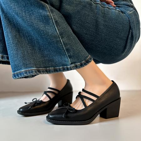 X-33122#桃喜法式绝美蝴蝶结复古玛丽珍浅口小皮方头单鞋女士中粗跟不累脚 鞋子批发女鞋批发凉鞋货源